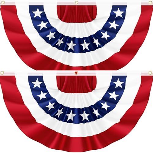 2Pack 3x6 FT American Pleated Fan Flag, USA Patriotic Half Fan Bunting Flag, 4th of July Flags Decorations for Outside, Red White and Blue Patriotic Decorations Outdoor