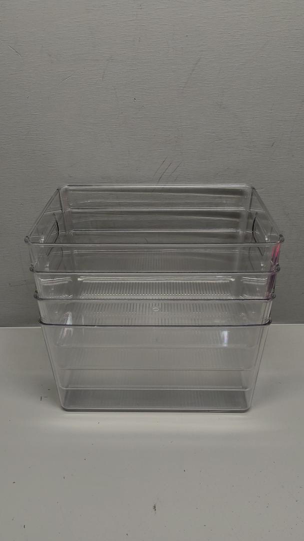 YIHONG 4Pack Clear Pantry Organizer Bins, Plastic Containers with Handle for Kitchen,Freezer,Cabinet,Closet,Bathroom Under Sink Storage