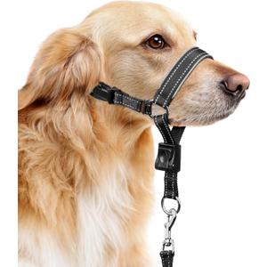 BARKLESS Soft Nylon Dog Head Collar for Large Medium Dog, Reflective Padding Head Halter for Training, Adjustable Muzzle Leash No Pulling, Jumping, Nose Leash Ideal for Walking (Black, M)