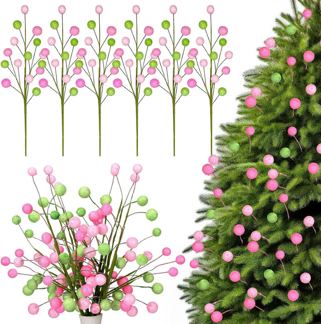 XunYee 6 Pcs Christmas Ball Pick 17 Inch Pink Green Christmas Tree Decoration Pink Green Glitter Decoration for Home Office Family Holiday Party