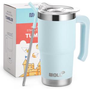 Travel Coffee Mug with Handle 16 oz Stainless Steel Double Wall Vacuum Insulated Tumbler Cup with Lid and Straw (Baby Blue)