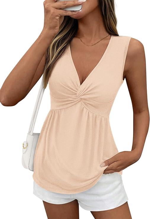 Babydoll Tops for Women 2026 Trendy Spring Summer Outfits Twist Front V Neck Peplum Flowy Tank Tops Dressy Casual
Size S