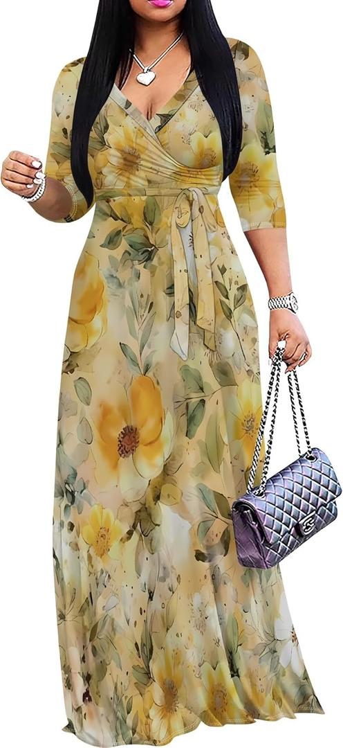 Plus Size Dresses for Women Floral Print Maxi Dress Flowy 3/4 Sleeve with Belt (XX-Large)