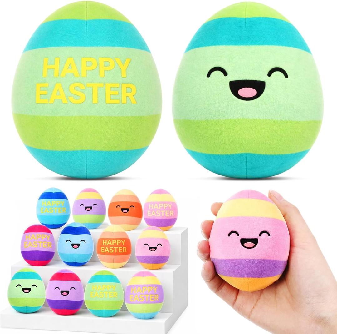 Thenshop 12 Pcs Easter Plush Eggs, Colorful Happy Easter Print Stuffed Eggs, Soft Basket Stuffers Goodie Bags and Party Favors for Hunting Party Favors Gift for Kids