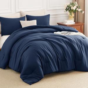 Full Comforter Set 3 Piece, 270GSM Down Alternative Fill, Oeko-TEX Certified, Quilted with 8 Corner Ties, All Season Bedroom Decor Bedding, 1 Comforter (82"x86") with 2 Pillowcases, Navy Blue