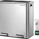 SONGMICS Trash Can, 2 x 8 Gallon (2 x 30 L) Garbage Can for Kitchen, with 15 Trash Bags, 2 Compartments, Plastic Inner Buckets and Hinged Lids, Airtight, Silver and Black ULTB60NL