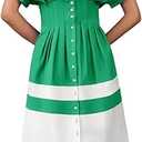 Wenrine Womens Summer Button Down Shirt Dress Casual Color Block V Neck Short Sleeve Corset Maxi Dresses Size M