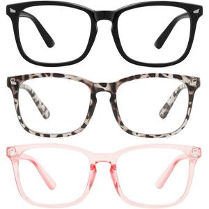 MEETSUN Blue Light Blocking Glasses, Anti Eye Strain Headache (Sleep Better),Computer Reading Glasses UV400 Transparent Lens (Black+Leopard+Pink / 3 PACK, 53)