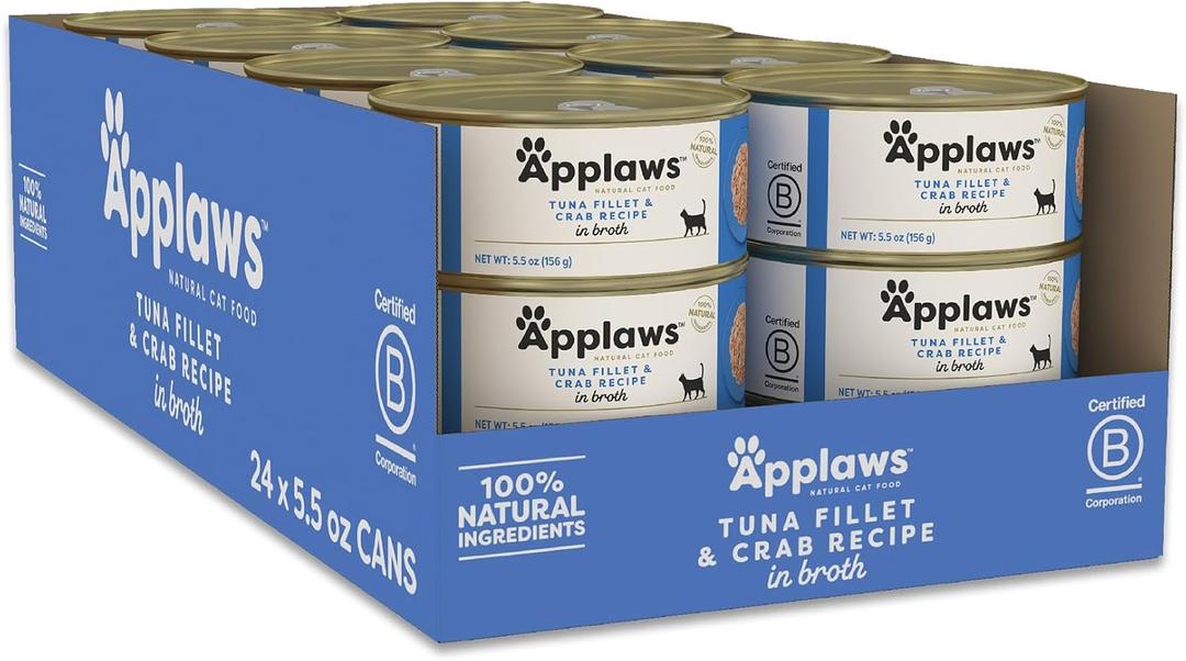 Applaws Tuna Fillet & Crab in Broth Wet Cat Food 24-Pack 5.5 oz Cans | 100% Natural, High Quality Protein, Limited Ingredient, Grain Free, No Fillers, No Artificial Additives (EXP 05/06/28)