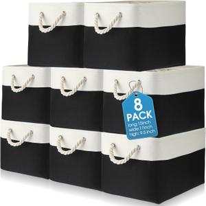 meekoo 8 Pack Collapsible Storage Bins Fabric Storage Bins Polyester Fabric Baskets with Handles Linen Closet Organizer for Shelf Home Closet Towels Toys(15 x 11 x 9.5 in,Black White)