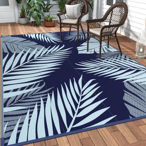 GENIMO Outdoor Rug 10' x 14' Waterproof for Patios Clearance, Reversible Outdoor Plastic Straw Camping Rug Carpet, Large Area Rugs Mats for RV, Camper, Deck, Balcony, Porch, Beach, Navyblue&Babyblue (Navy Blue & Baby Blue | Waterproof)