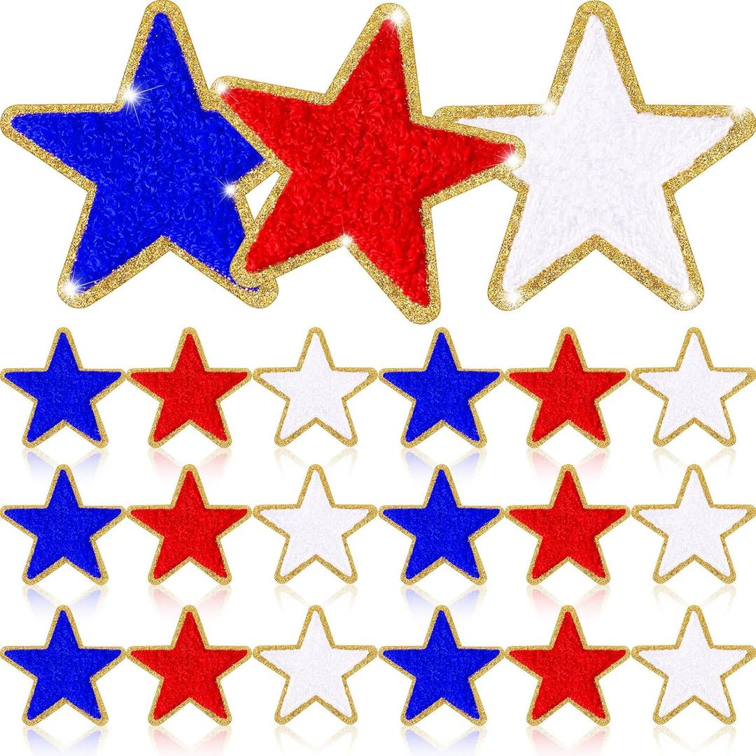 Jexine 32 Pieces Chenille Star Patches Blue and White Self Adhesive Fabric Stickers Small Chenille Iron on Star Patches DIY Sewing Embroidered Appliques for Christmas Independence Day Clothes Hats
