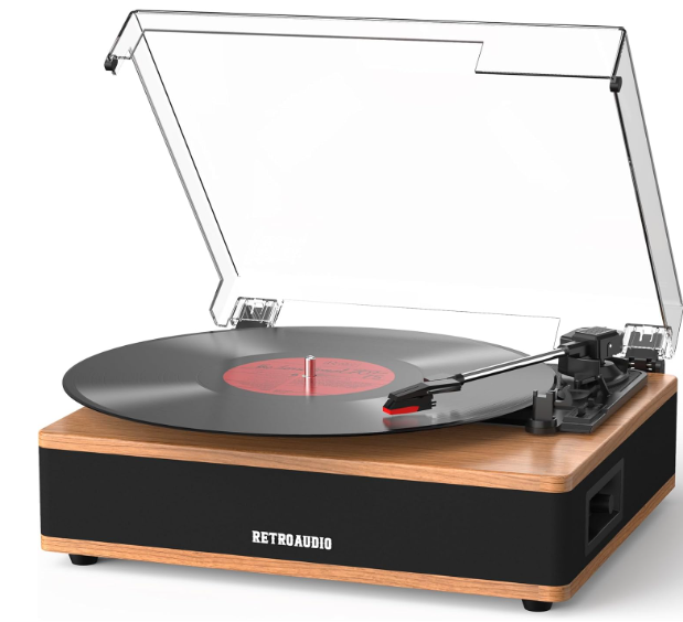 Vinyl Record Player Bluetooth Turntable with Built in Stereo Speakers Belt Drive 3 Speeds Turntables for Vinyl Records Support RCA Output, Aux in, Auto Stop Walnut Wood