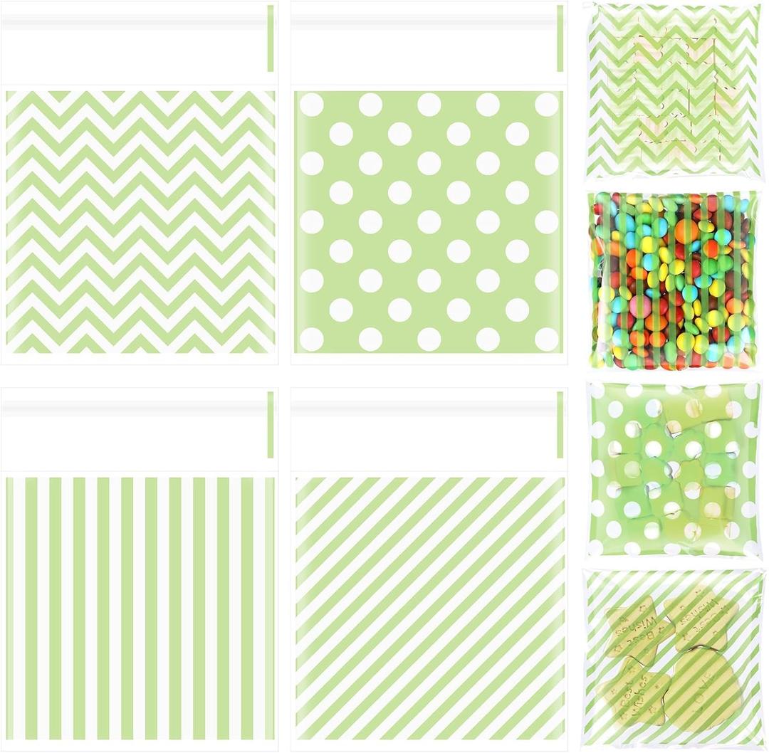 Gersoniel 200 Pcs Cookie Bags, 4 x 4 in Self Sealing Cellophane Treat Bags Plastic Goodie Snack Bag Striped Polka Dot Candy Gift Bag for Summer Birthday Wedding Party Favors(Green)
