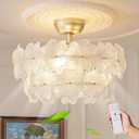 Flower Fandelier Ceiling Fan with Light 20 Inch Gold Crystal Modern Chandelier Fan Ceiling Fan with Light Remote Control 6 Speeds for Girl's Bedroom,Nursery,Living Room