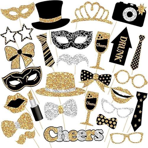 30 Pieces Black Golden Photo Booth Props for Birthday Wedding New Year Party,Mix of Hats, Mask, Lipstick, Tie, Crowns and More Funny Selfie Props