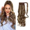 CJL HAIR 22" Long Ponytail Hair Extension Wrap Around Pony Tail Clip in Curly Wavy Synthetic Fake Hairpiece for Women Ash Medium Brown/Ash Blonde