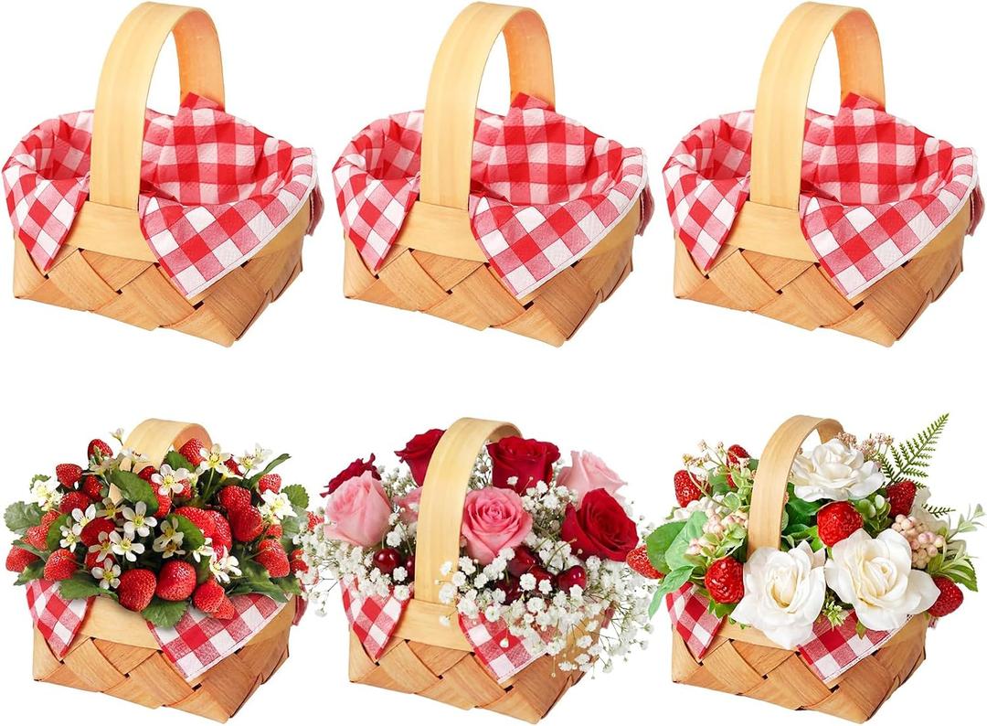 Geelin 6 Pcs Mini Woven Basket with Handle and Red White Gingham Paper Napkins Wood Chip Mini Flower Fruit Picnic Basket Chip for Easter Spring Wedding Party Gift Decoration (Large)