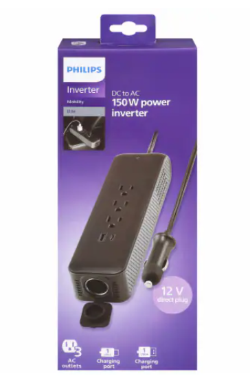 Philips Direct Plug Power Inverter 3 AC Outlets 1 USB-A 1 USB-C 175W