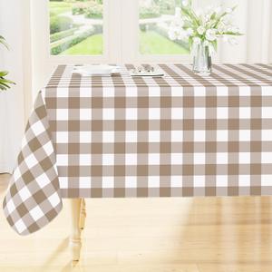 Smiry Rectangle Table Cloth, Waterproof Vinyl Tablecloths with Flannel Backing, Wipeable Buffalo Plaid Table Cover for Picnic, Indoor and Outdoor (Khaki & White, 60"x84")