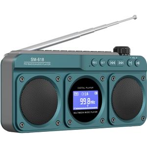 Small Digital FM Radio Bluetooth Speaker, Handheld Rechargeable Radio Wireless Speaker, LCD Display, Double Speakers, Headphone Jack, Support USB/Micro SD Card MP3 Play for Home Outdoor (No AM)