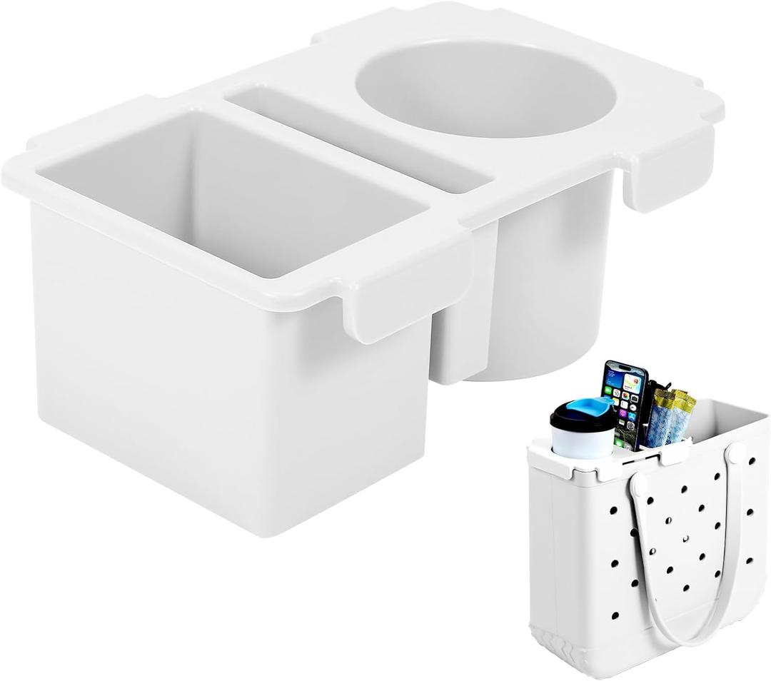 Tray Topper with Cup Holder for Bogg Bag Medium Tote - Phone Holder & Drink Holder Fits for Stanley 40oz - Beach Bag Top Organizer Storage Lid (White)
