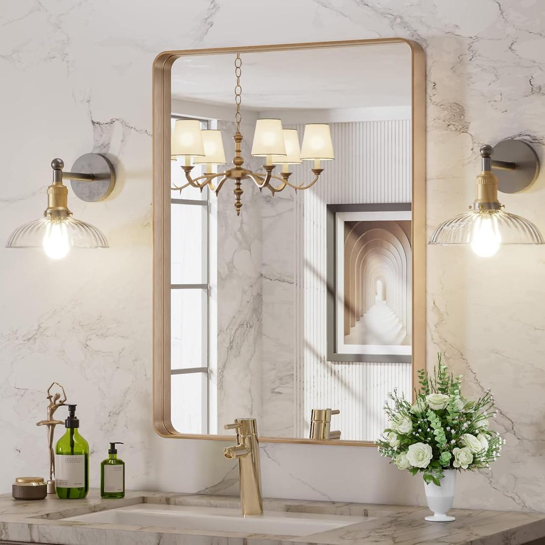LOAAO 22X30 Gold Bathroom Mirror, Rounded Rectangle Gold Frame Mirror, Brushed Gold Bathroom Vanity Mirror Wall-Mounted, Anti-Rust, Hangs Horizontally or Vertically