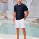 LETSEE Linen Shirts for Men Short Sleeve Blouse Button Down Dress Untuckit Shirts Beach Summer Wedding Hawaiian Outfit (Blue, XXL)