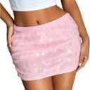 MakeMeChic Women's Sparkly Sequin Mini Skirt Y2k Low Rise Glitter Rave Micro Skirt with Shorts Underneath (Pink) S