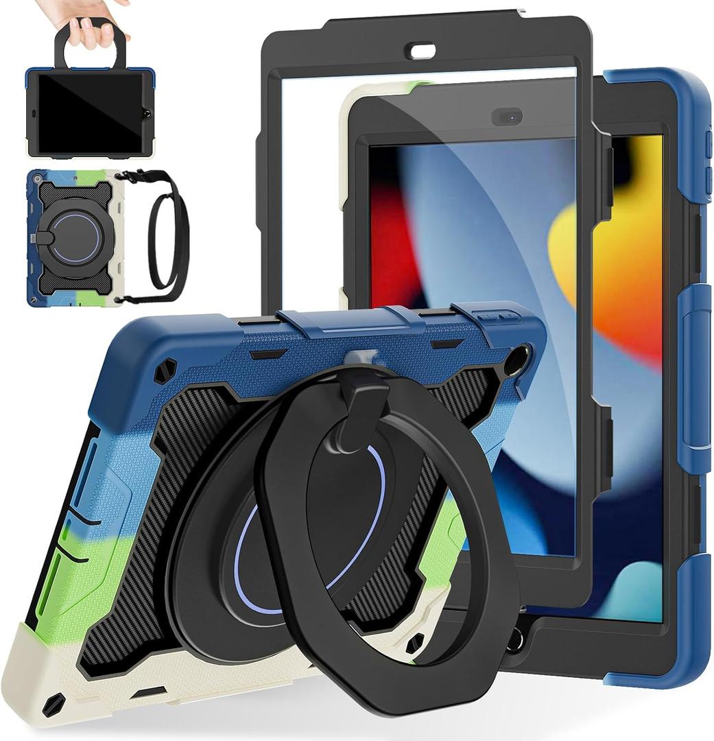 ROISKIN for iPad 10.2 Case 9th 8th 7th Generation with Screen Protector [15ft Drop Protection], 360 Rotating Kickstand Shoulder Strap Hand Grip Pencil Holder Kids Case for iPad 10.2 inch Case (Blue-Black)