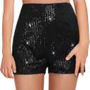 Girls Sequin Shorts Elastic Straight Leg Sparkly Glitter Party High Waist Shorts 5-14 Years (Black)