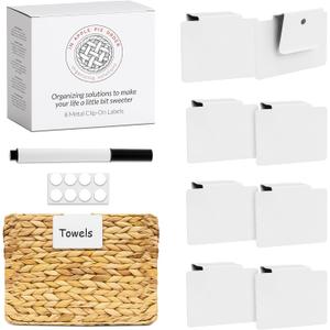 Labels for Storage Bins | Metal Storage Bin Clips (2.5 x 3.5) - Set of 8 Basket Clip On Tags for Storage Bins w/Non-Slip Grip Pads & Dry Erase Marker - Removable Bin Labels for Storage Baskets