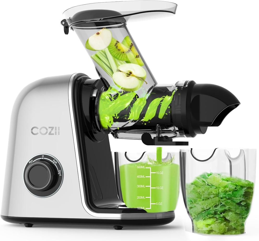 COZII Cold Press Juicer Machines,Slow Masticating Juicer Extractor Soft/hard Mode, 3.6" Large Feed Chute For Vegetable and Fruit, Easy to Clean Juicer, Quiet Motor, High Juice Yield (Silver)