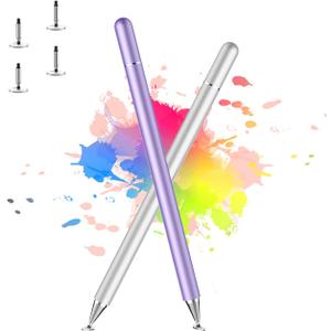 Stylus Pen for iPad, LUNTAK Stylus Pens for Apple/iPhone/Ipad pro/Mini/Air/Android/Microsoft/Surface All Capacitive Touch Screens Universal with 4 Replacement Tips (2 Pcs, Purple and Silver)