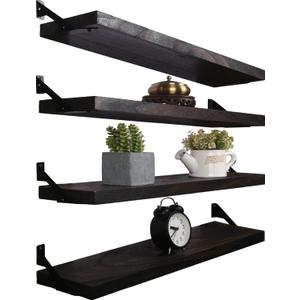 24 Inch Rustic Wood Floating Shelves for Wall Decor Farmhouse Wooden Wall Shelves for Bathroom Kitchen Bedroom Living Room Set of 4 Dark Brown