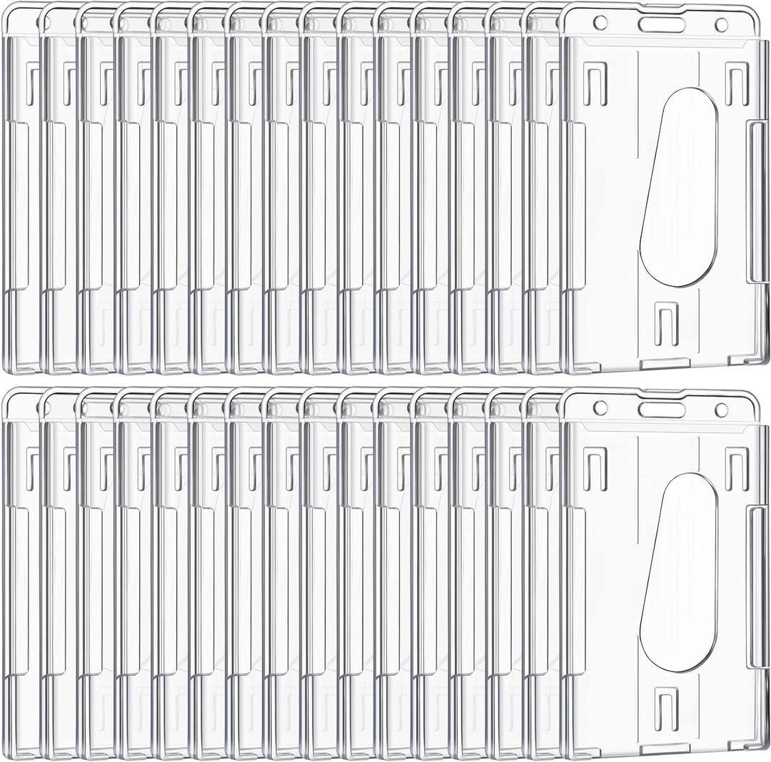 25 Pieces Vertical 2 ID Badge Holder Heavy Duty Plastic ID Card Holder Transparent Protector Clear Badge Protector Cover Sleeve Protective Cover with Thumb Slot for Credit Card