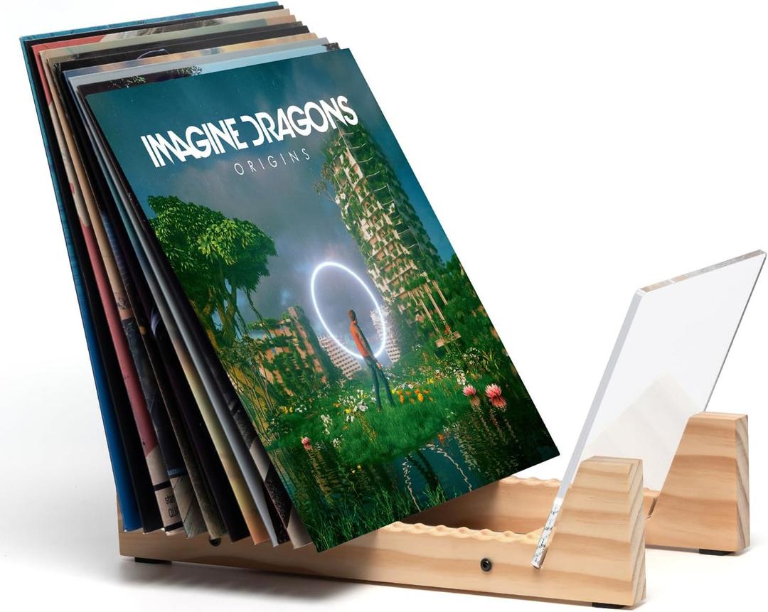 KAIU Vinyl Record Storage Holder - Solid Wood with Crystal Clear Acrylic Holder - Premium Design, Perfect 12" LPs or 7" Singles Display Unit - Stores and Supports up to 50 Albums (Natural)