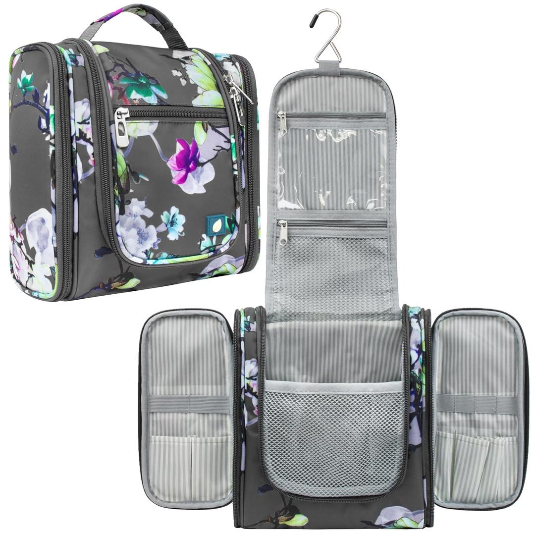 PAVILIA Toiletry Bag Travel Bag for Women Men, Hanging Cosmetic Organizer, Water Resistant Makeup Bag for Accessories Toiletries, Large Travel Essentials Kit (Floral Grey) (Standard (9x4x9))