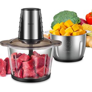 Food Processors with 2 Large Bowls(12 Cup+12 Cup), Reemix Electric Chopper with Powerful 500W Copper Motor, 4 Bi-Level Blades for Fruits, Meat, Vegetables, Baby Food, Nuts, 2 Speeds