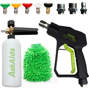 Short Pressure Washer Gun with Foam Cannon,High Pressure Wash Foam Gun with 1/4 Inch Quick Connector,5 Pressure Washer Nozzle Tip