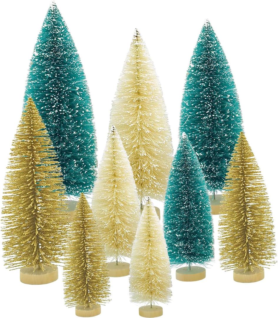 Yahpetes Christmas Trees 9 Pcs Artificial Bottle Brush Tabletop Trees Christmas Table Decorations for Xmas Holiday Party Decor (Blue-Green,Gold,Beige 9Pcs)