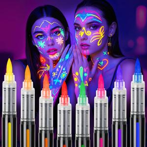 ThEast 8 UV Neon Face Paint Pens, Glow in The Dark Under UV Light Body Painting Kit, Tattoo Markers for Skin Washable, Face Makeup for Party Favors