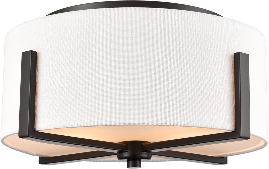 Flush Mount Ceiling Light Fixture with Linen Shade Oil Rubbed Bronze 2- Light Drum Ceiling Light Modern Light Fixture for Bedroom Living Room Kitchen