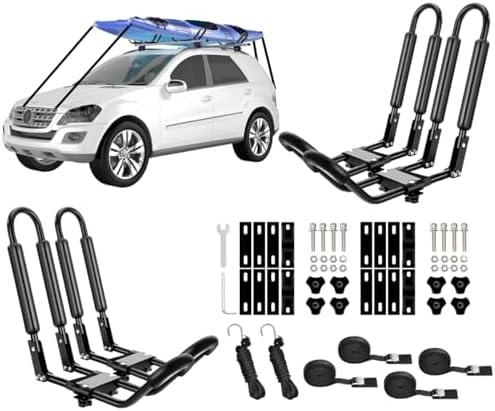 DRSPORTS 2 Pairs Heavy Duty Universal J-Bar Kayak Rack Roof Top Carrier for Kayak Canoe Paddle Boat Mounted on Car SUV, Car and Truck Crossbar with 4 pcs Tie Down Straps