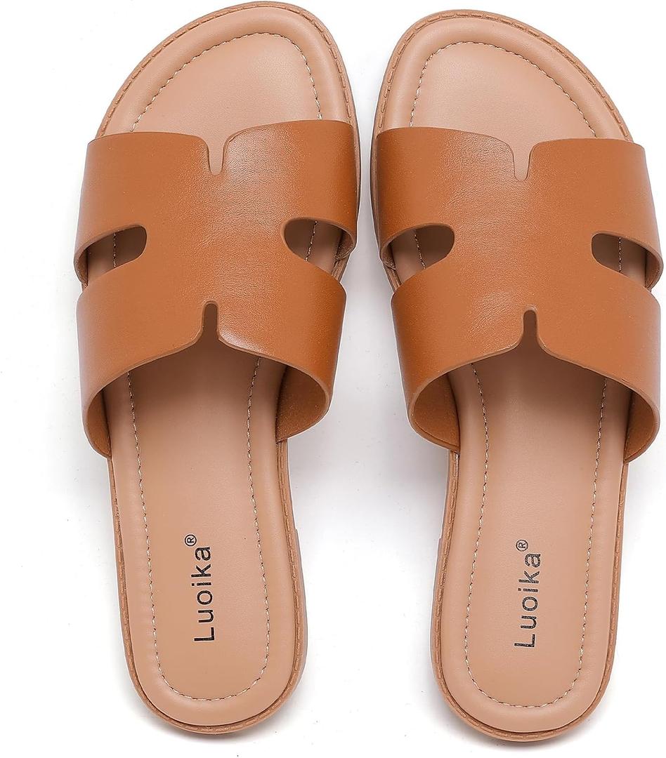 Luoika Women's Wide Width Flat Slides Sandals, Casual Comfortable Summer Beach Shoes Slip on Slide Sandal for Women (Brown), 10XW