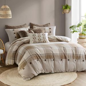 Madison Park Queen Comforter Cotton Jacquard Plaid Cabin Oversized Comforters Queen Bed, Removable Cover, All Season Queen Size Comforter, Décor Pillows, Full/Queen Neutral 8 Piece (Queen(92"x96"))