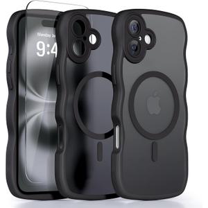 QVLANG Case for iPhone 16, Cute Wave Cover Case, Upgraded[Full Camera Protection][Compatible with Magsafe][Military Grade Protection][Translucent Matte] Phone Case for Women Girls, Black