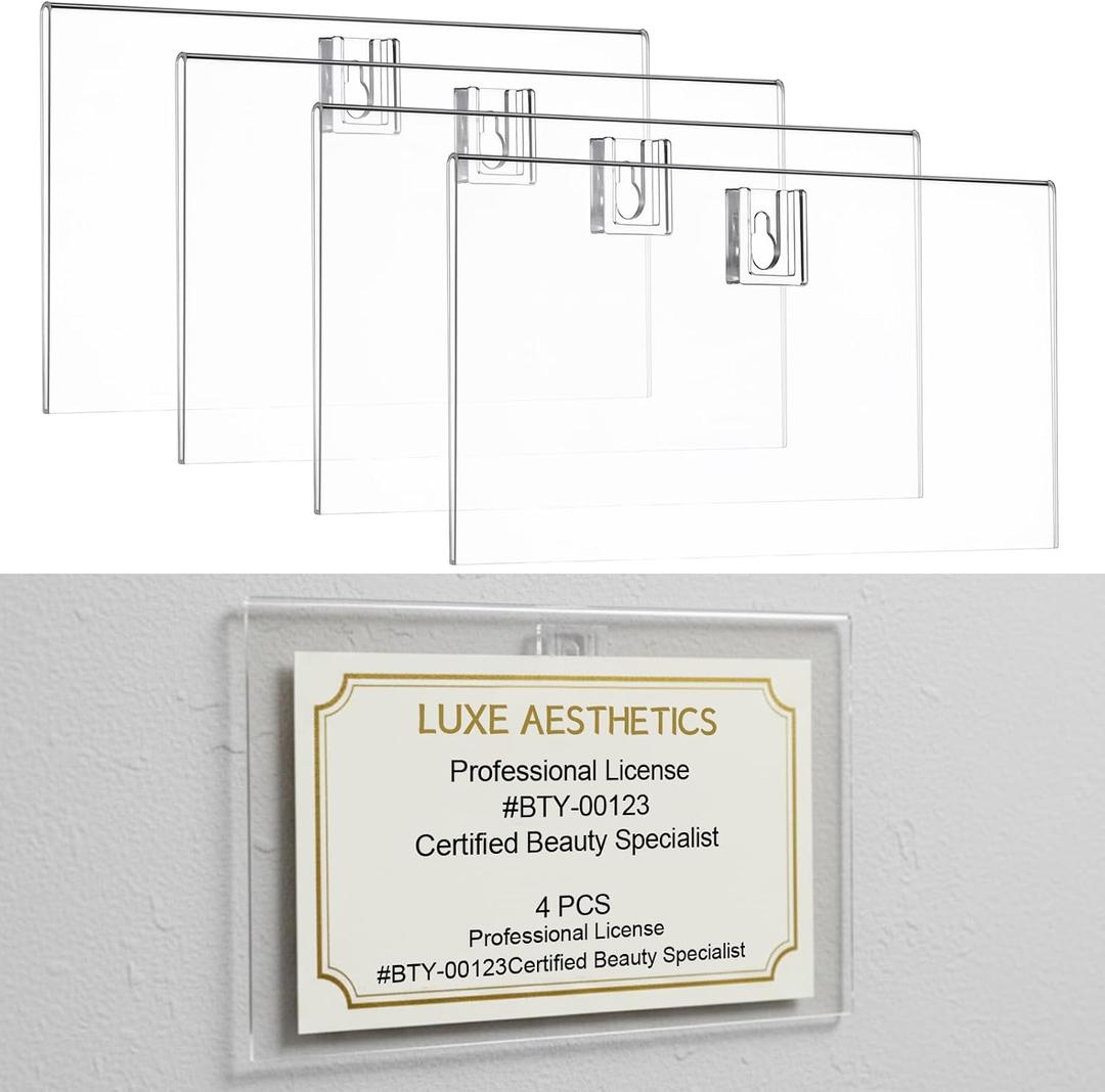 Amyhill 4 Pcs Clear Acrylic Business License Frame for Wall Cosmetology License Frame 8.55 x 3.84 x 0.2 Inch with Hanging Buckle Acrylic Display Certificate Holder for Salon Spa Office Business
