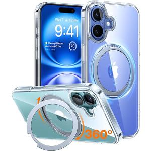 TORRAS 360Rotatable Magnetic Ring for iPhone 16 Plus Case, Fit for MagSafe with Stand & Ring Holder, 16FT Military Grade Shockproof Translucent Back Case for iPhone 16 Plus Phone Case Ostand, Clear