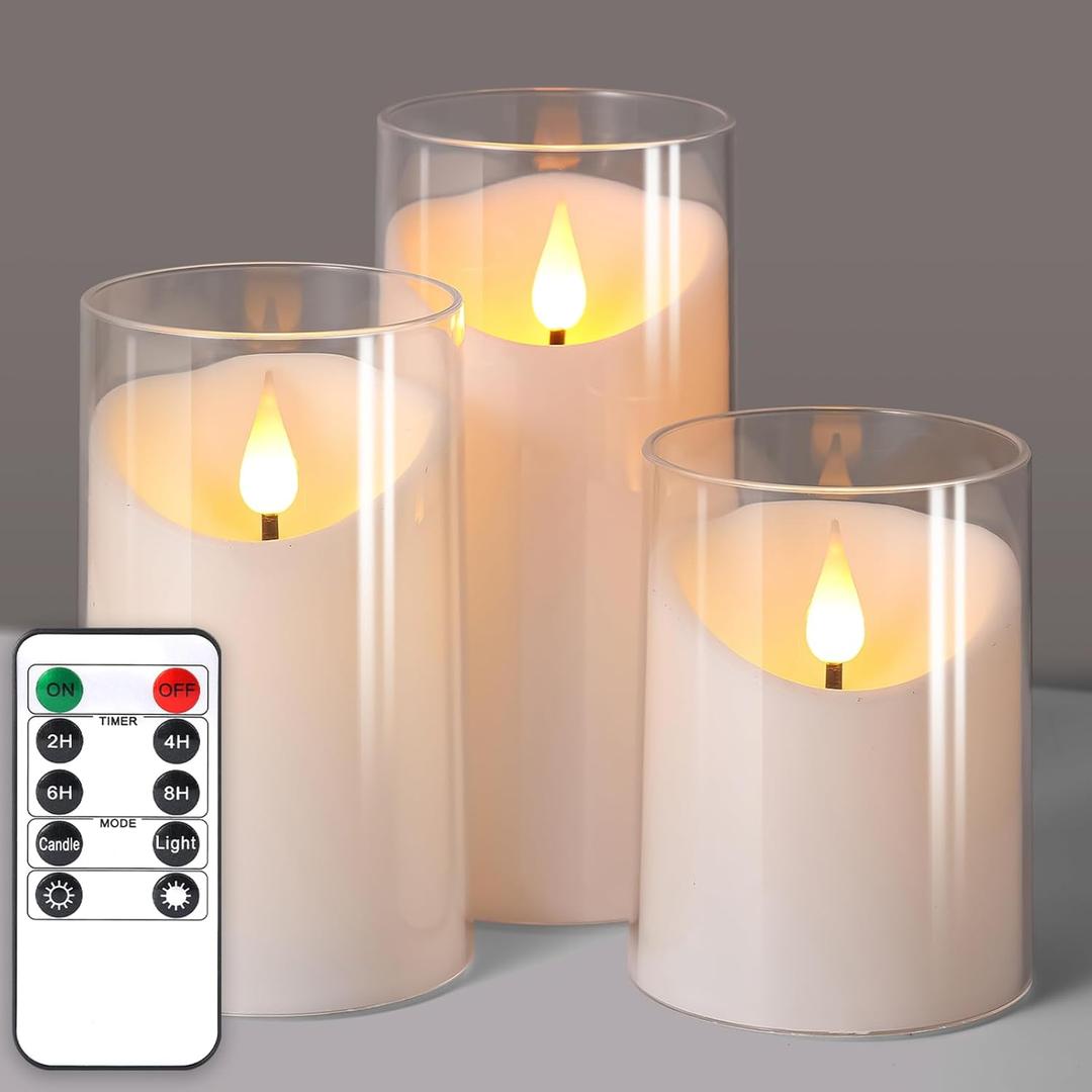 NURADA Flameless Candles with Remote Timer: 3D Wick Battery Operated Led Pillar Unbreakable Acrylic Fake Candle Set for Home Decoration Romantic Ambiance - Pure White 3 Pack (4" x 5" x 6")